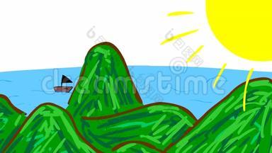 儿童视频，如从左到右航行的小船的简单插图